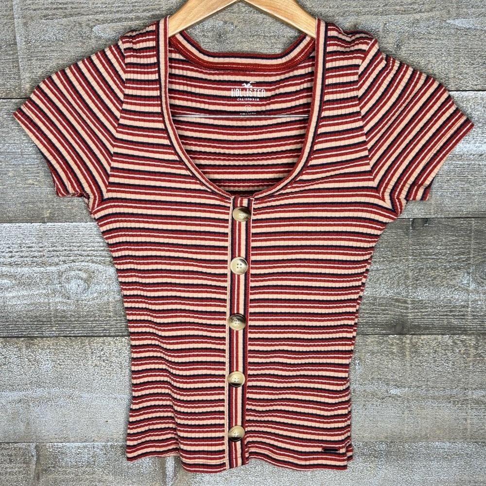 Hollister Red and Cream Striped Button-Down Shirt